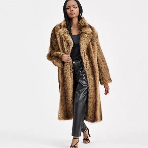 NWT Oversized Faux Fur Coat sz Large Brown Strip - Picture 11 of 11